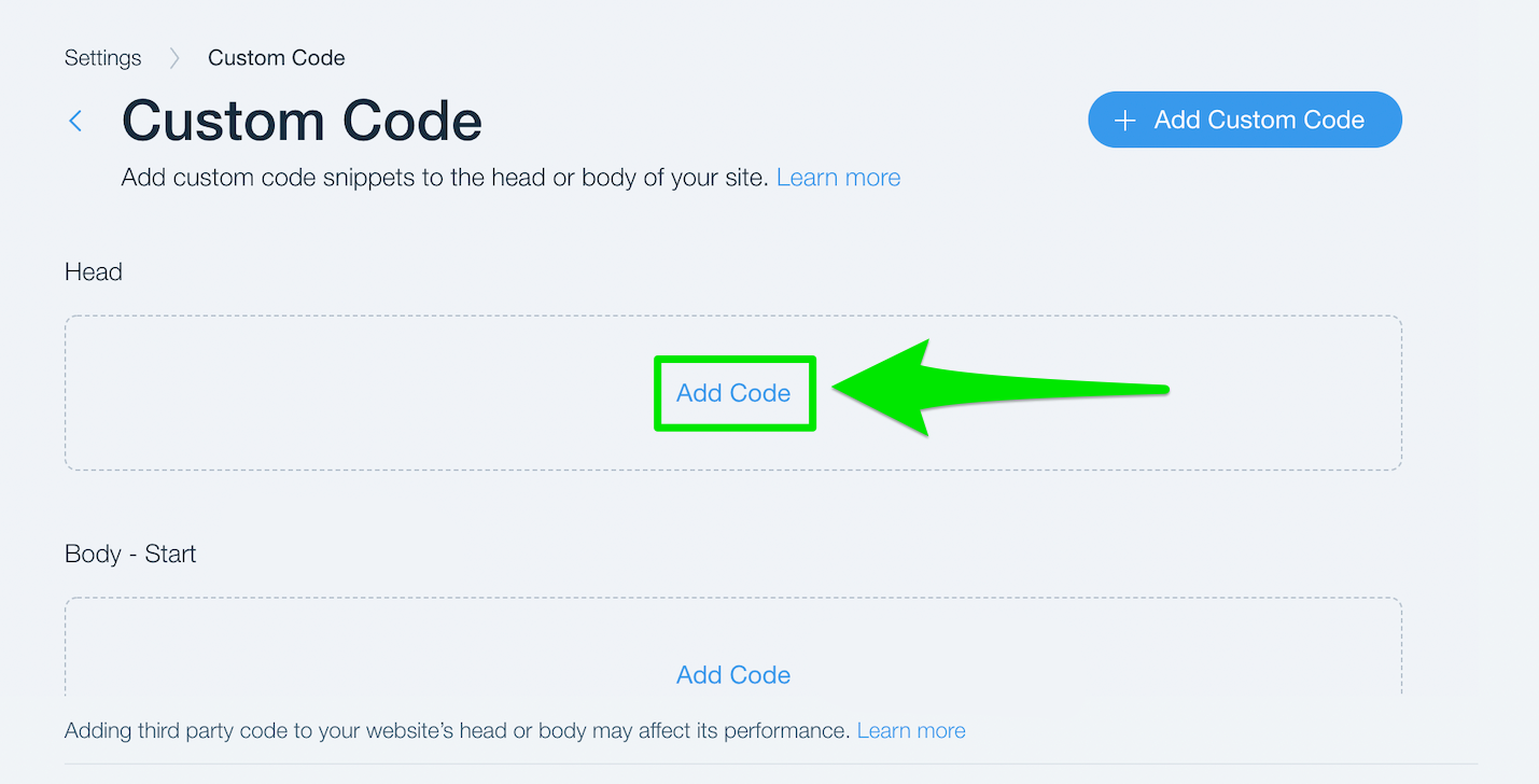 Image of clicking in the "Add Code" button in the "Head" field